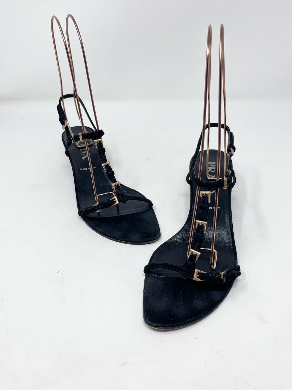 Vintage Prada Black Suede Sandals Mini Buckle Accents Slingback Kitten Heel 38
